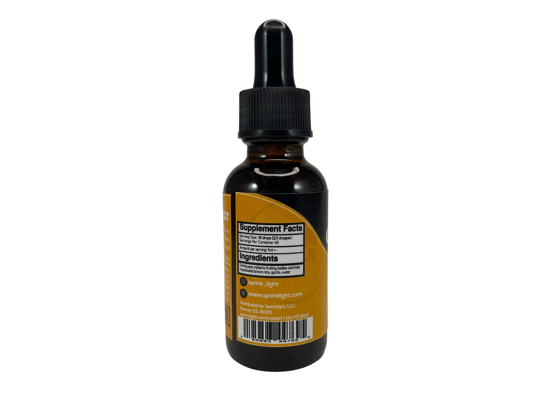 Spore Light Cordyceps extract, Energy Supplement. Supplement Facts on the back of the bottle, 1FL OZ.