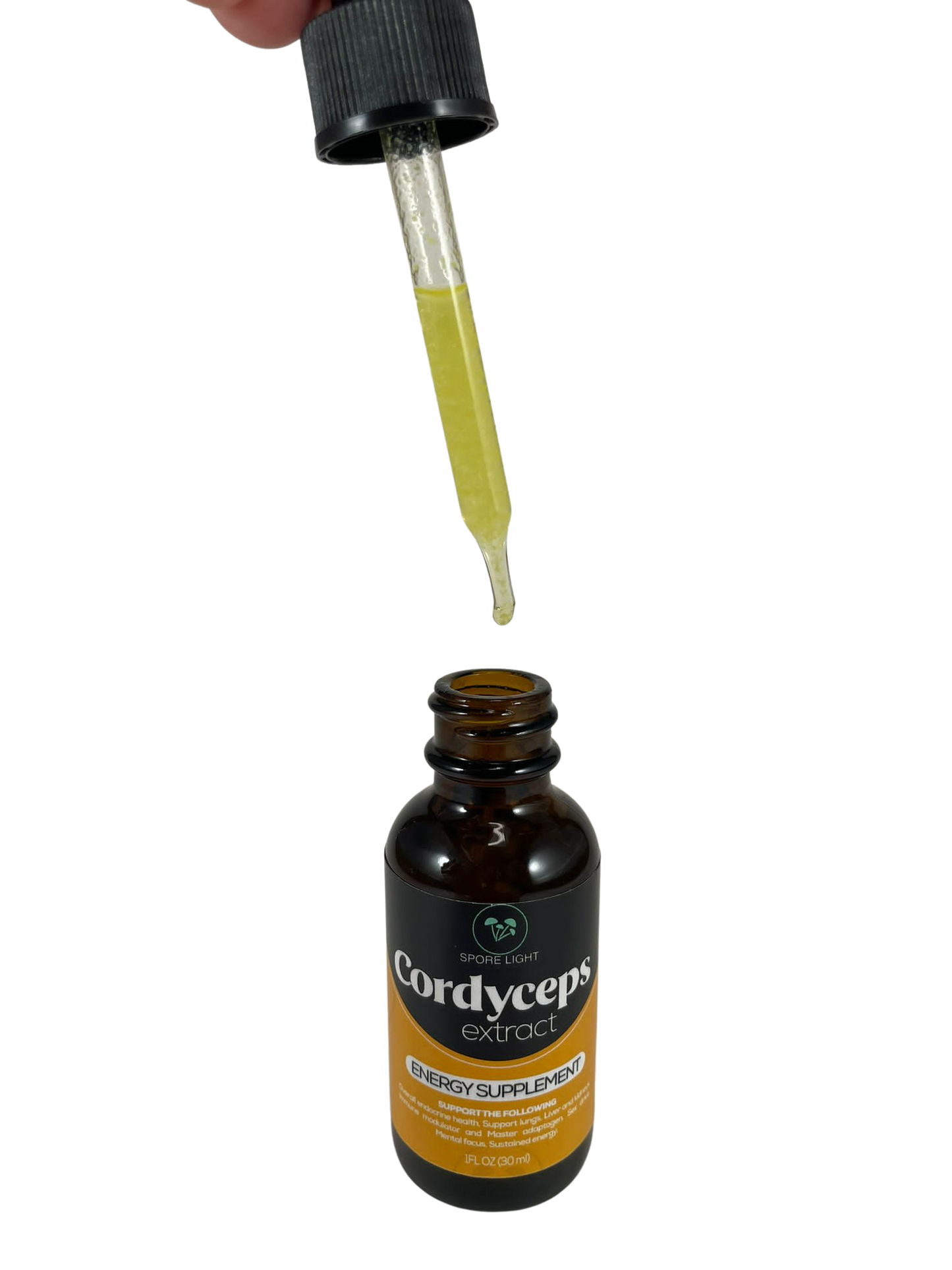 Spore Light Cordyceps extract, Energy Supplement. Picture of the liquid dropper showing the thickness of the Polizacharydes. 1FL OZ.
