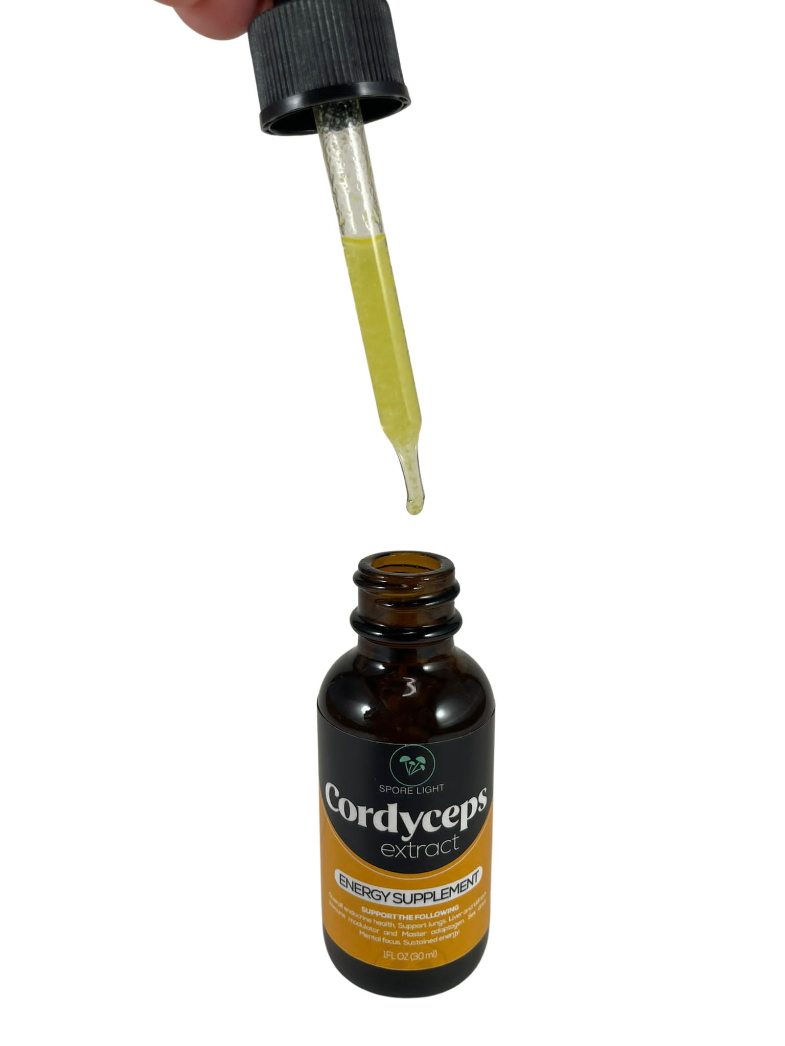 Spore Light Cordyceps extract, Energy Supplement. Picture of the liquid dropper showing the thickness of the Polizacharydes. 1FL OZ.