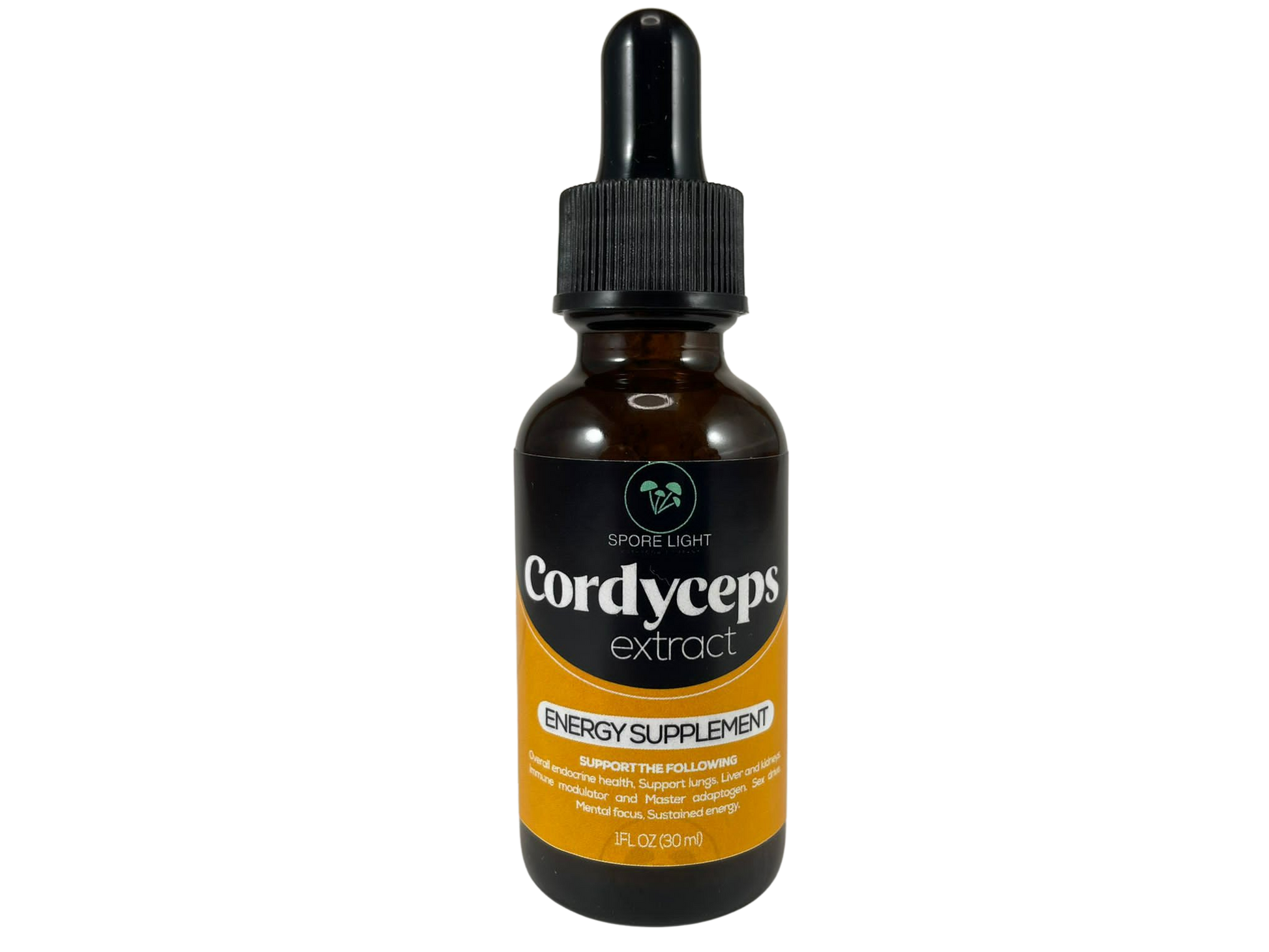 Spore Light Cordyceps extract, Energy Supplement front side of the bottle, 1FL OZ.